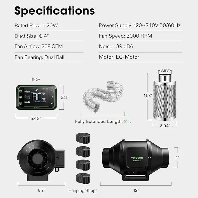 Vivosun Aerozesh S4 4″ Fan + Carbon Filter + Ducting + E42a Controller Kit - Image 2
